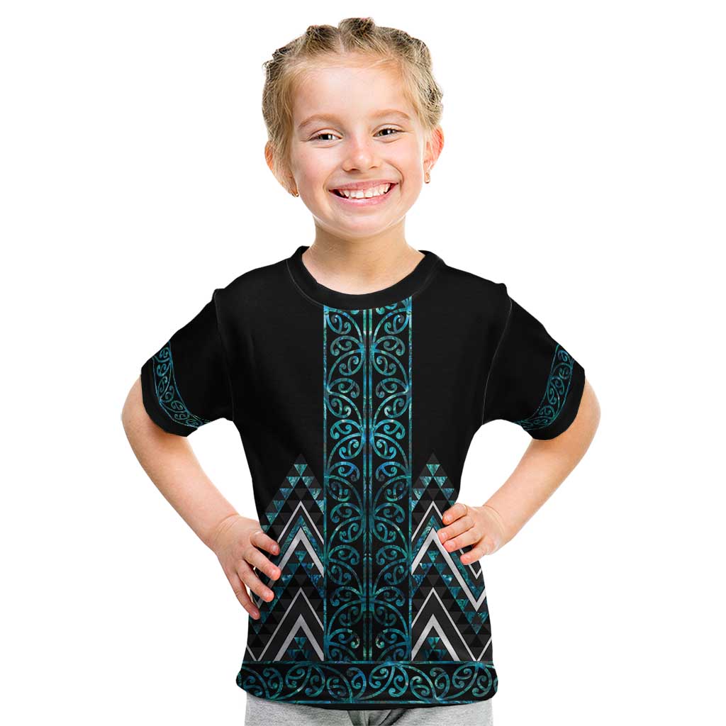 Paua Shell Aotearoa Mangopare Kowhaiwhai and Niho Taniwha Kid T Shirt Maori New Zealand