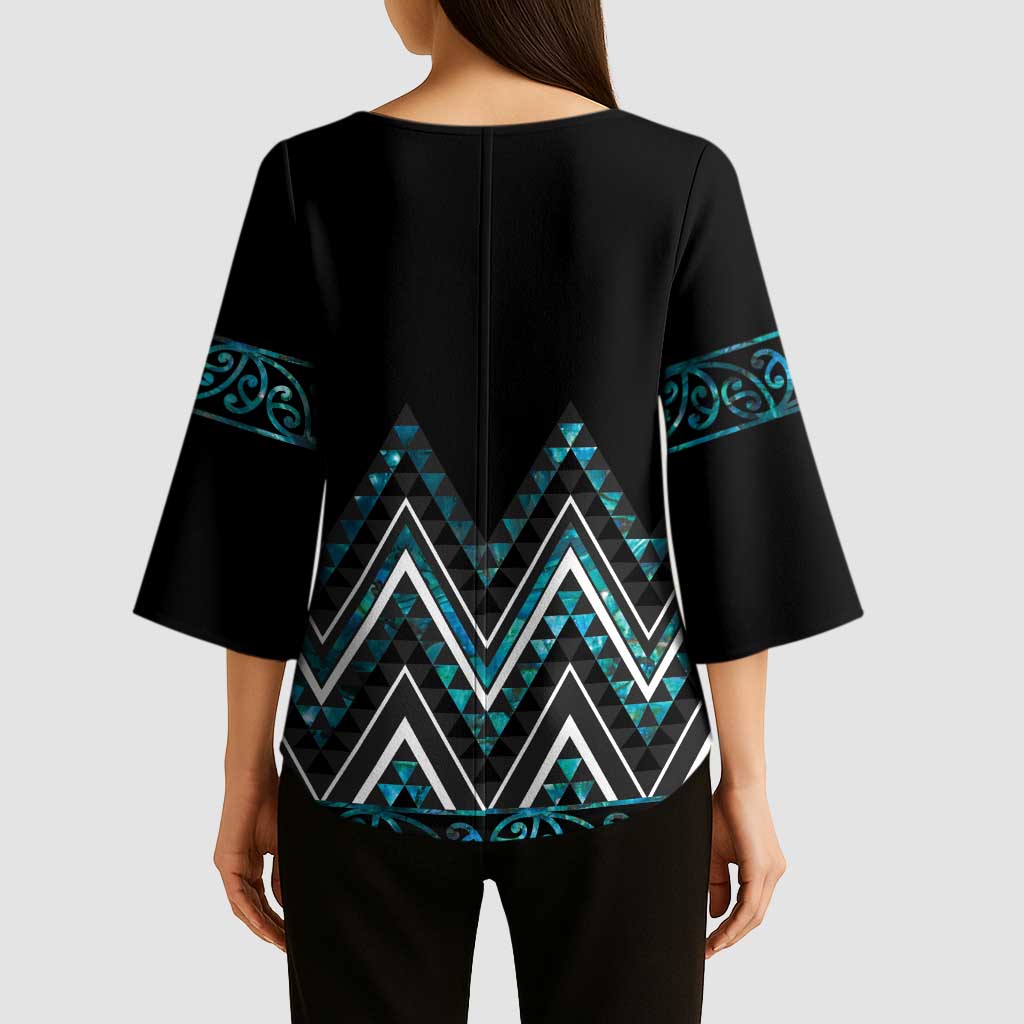 Paua Shell Aotearoa Mangopare Kowhaiwhai Niho Taniwha Kimono Sleeve Blouse Maori New Zealand - Polynesian Pride