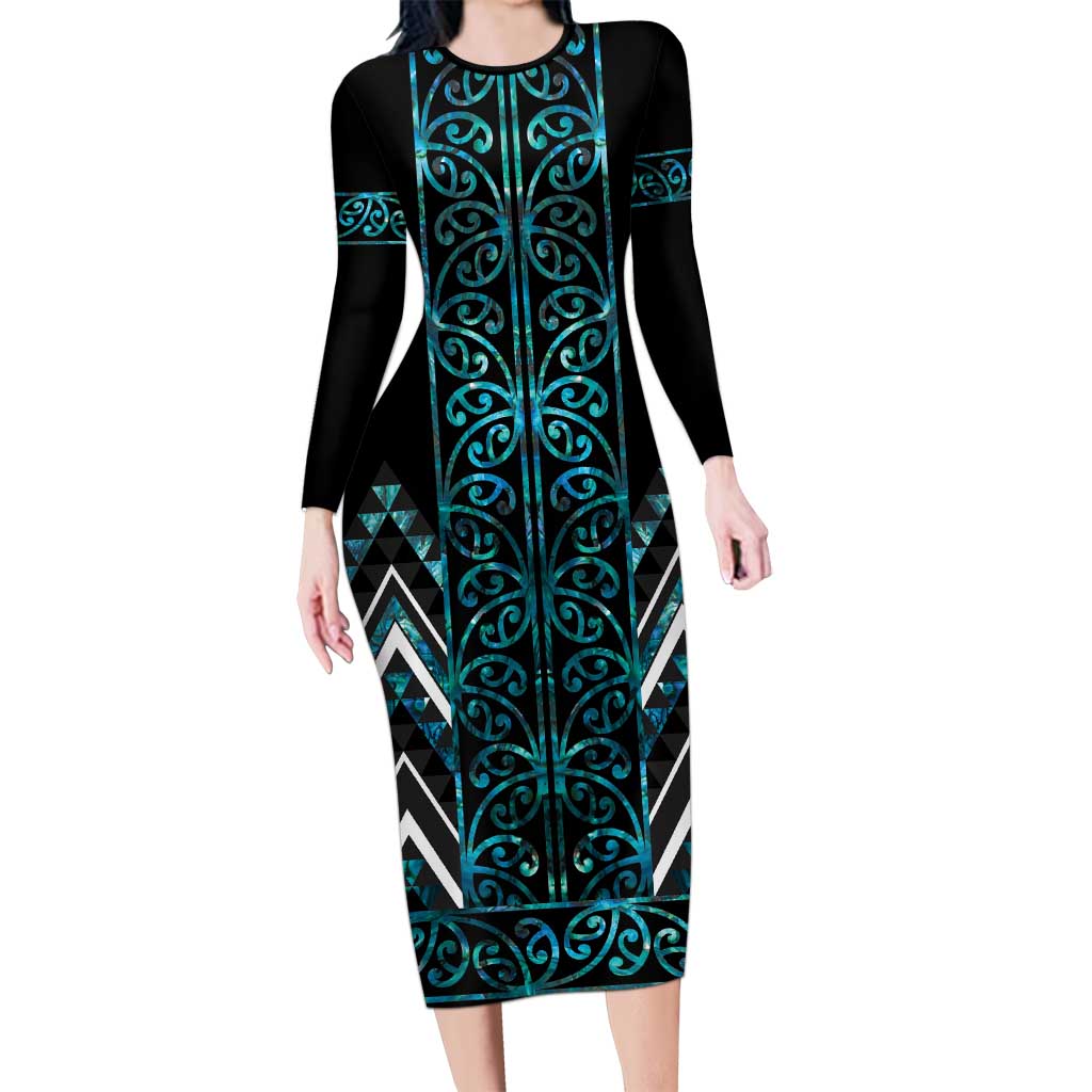 Paua Shell Aotearoa Mangopare Kowhaiwhai and Niho Taniwha Long Sleeve Bodycon Dress Maori New Zealand