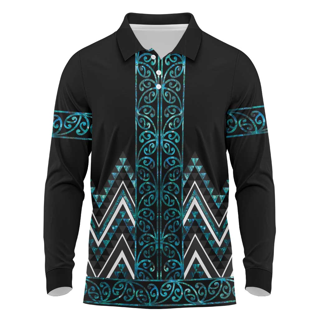 Paua Shell Aotearoa Mangopare Kowhaiwhai and Niho Taniwha Long Sleeve Polo Shirt Maori New Zealand