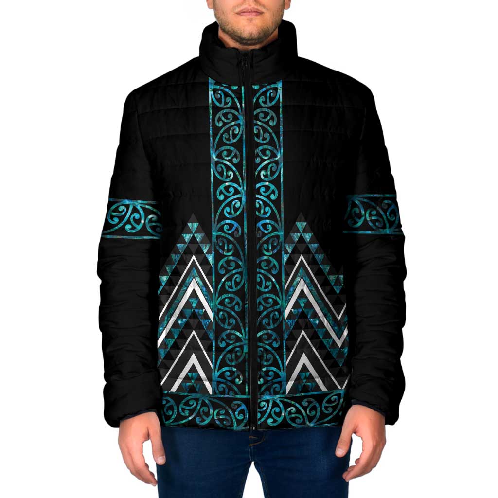 Paua Shell Aotearoa Mangopare Kowhaiwhai Niho Taniwha Padded Jacket Maori New Zealand LT14 Men Turquoise - Polynesian Pride