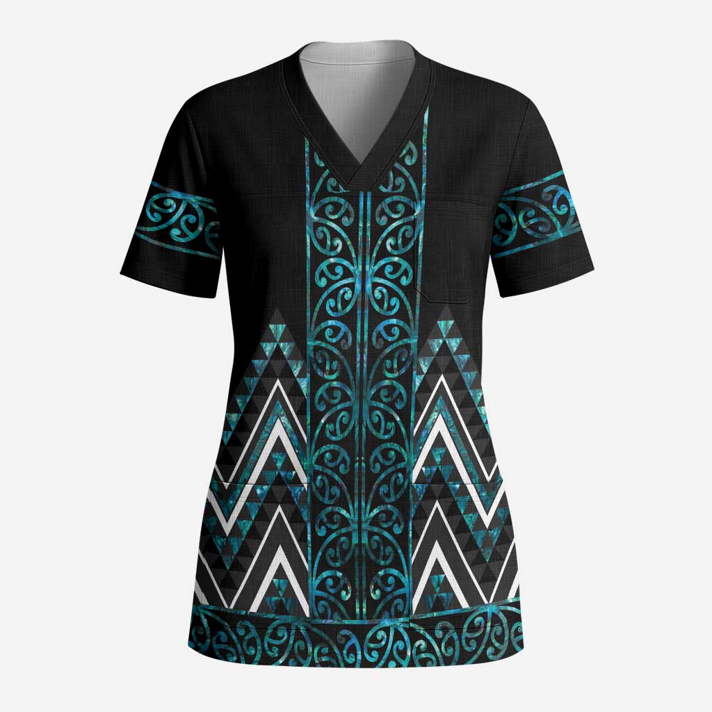 Paua Shell Aotearoa Mangopare Kowhaiwhai and Niho Taniwha Scrub Top Maori New Zealand - Polynesian Pride
