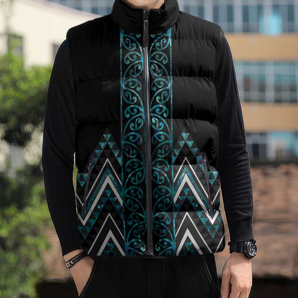 Paua Shell Aotearoa Mangopare Kowhaiwhai Niho Taniwha Sleeveless Puffer Jacket Maori New Zealand - Polynesian Pride