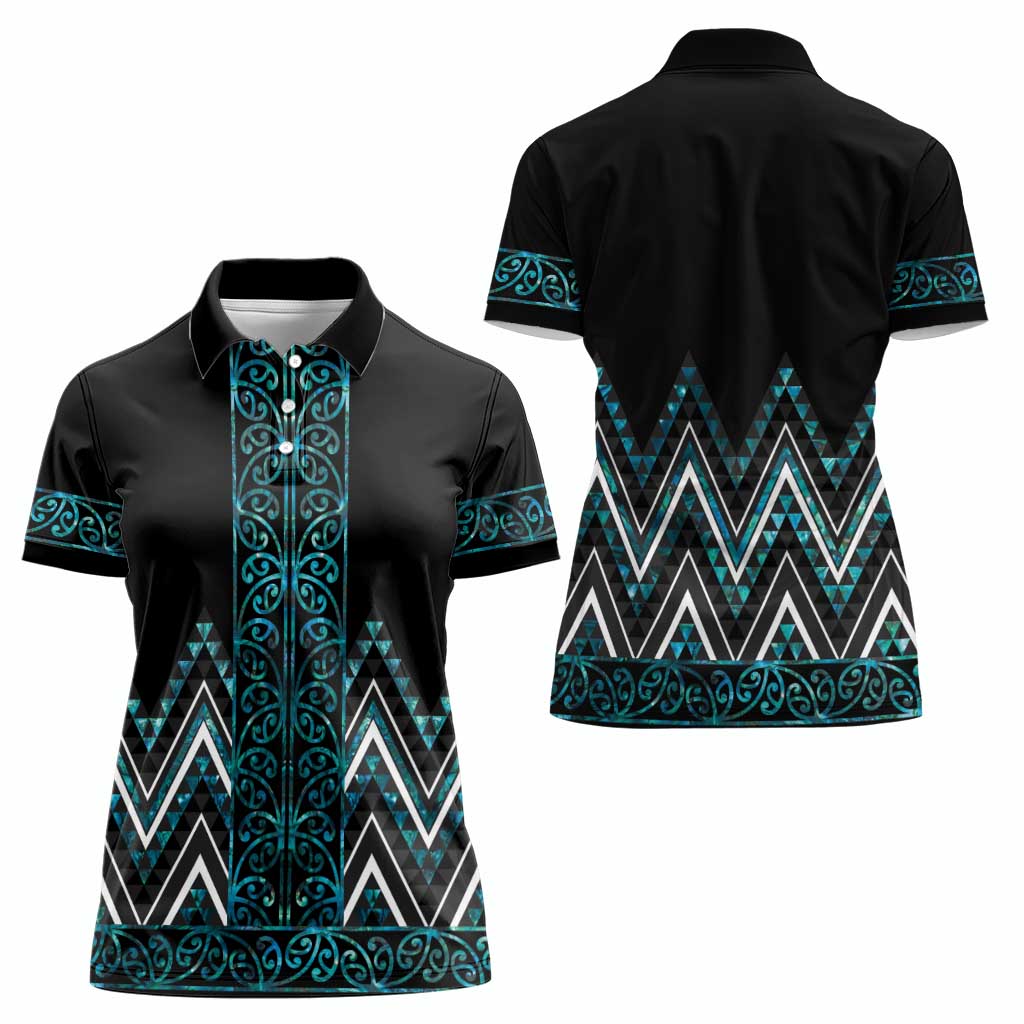 Paua Shell Aotearoa Mangopare Kowhaiwhai and Niho Taniwha Women Polo Shirt Maori New Zealand