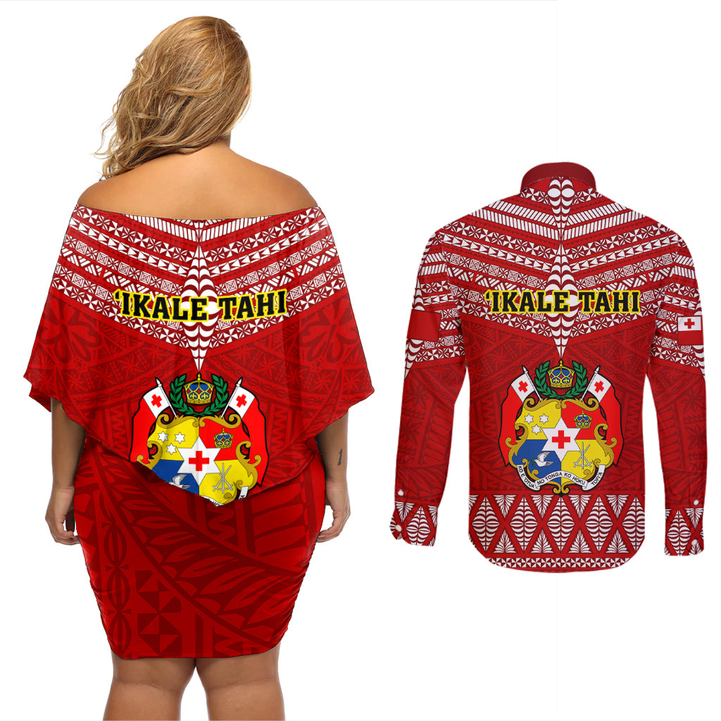 Tonga Rugby Couples Matching Off Shoulder Short Dress and Long Sleeve Button Shirts 2023 World Cup Tongan Kupesi Ngatu Pattern LT14 - Polynesian Pride
