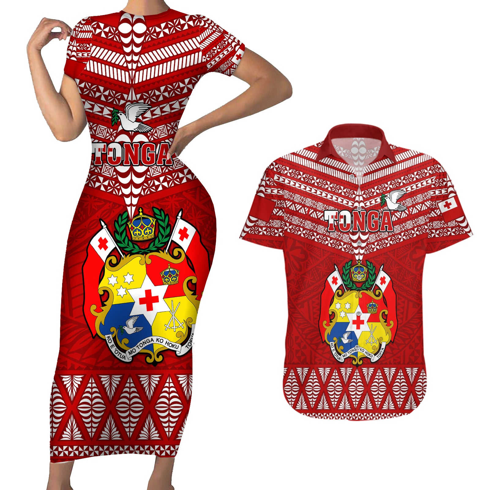 Tonga Rugby Couples Matching Short Sleeve Bodycon Dress and Hawaiian Shirt 2023 World Cup Tongan Kupesi Ngatu Pattern LT14 Red - Polynesian Pride