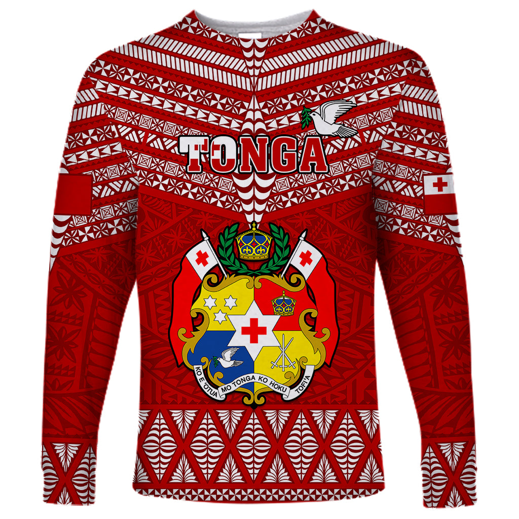 Tonga Rugby Long Sleeve Shirt 2023 World Cup Tongan Kupesi Ngatu Pattern LT14 Unisex Red - Polynesian Pride