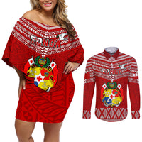 Custom Tonga Rugby Couples Matching Off Shoulder Short Dress and Long Sleeve Button Shirts 2023 World Cup Tongan Kupesi Ngatu Pattern LT14 Red - Polynesian Pride