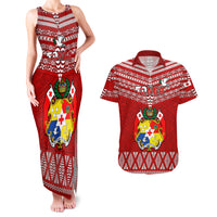 Custom Tonga Rugby Couples Matching Tank Maxi Dress and Hawaiian Shirt 2023 World Cup Tongan Kupesi Ngatu Pattern LT14 Red - Polynesian Pride