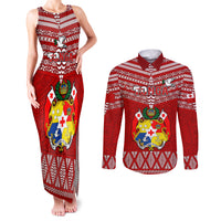 Custom Tonga Rugby Couples Matching Tank Maxi Dress and Long Sleeve Button Shirts 2023 World Cup Tongan Kupesi Ngatu Pattern LT14 Red - Polynesian Pride