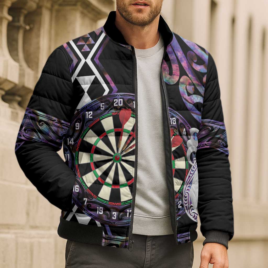 Personalised New Zealand Darts Bomber Puffer Jacket Ngutukaka Manaia Taniko Luxury Purple - Polynesian Pride