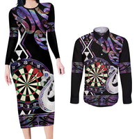 Personalised New Zealand Darts Couples Matching Long Sleeve Bodycon Dress and Long Sleeve Button Shirt Ngutukaka Manaia Taniko Luxury Purple - Polynesian Pride