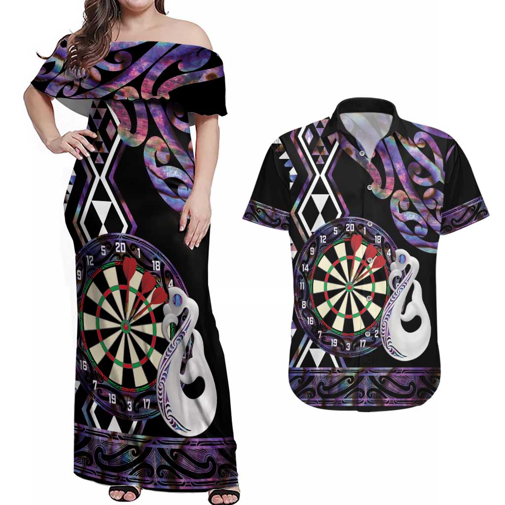 Personalised New Zealand Darts Couples Matching Off Shoulder Maxi Dress and Hawaiian Shirt Ngutukaka Manaia Taniko Luxury Purple - Polynesian Pride