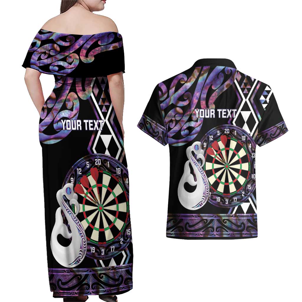 Personalised New Zealand Darts Couples Matching Off Shoulder Maxi Dress and Hawaiian Shirt Ngutukaka Manaia Taniko Luxury Purple - Polynesian Pride