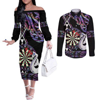 Personalised New Zealand Darts Couples Matching Off The Shoulder Long Sleeve Dress and Long Sleeve Button Shirt Ngutukaka Manaia Taniko Luxury Purple - Polynesian Pride