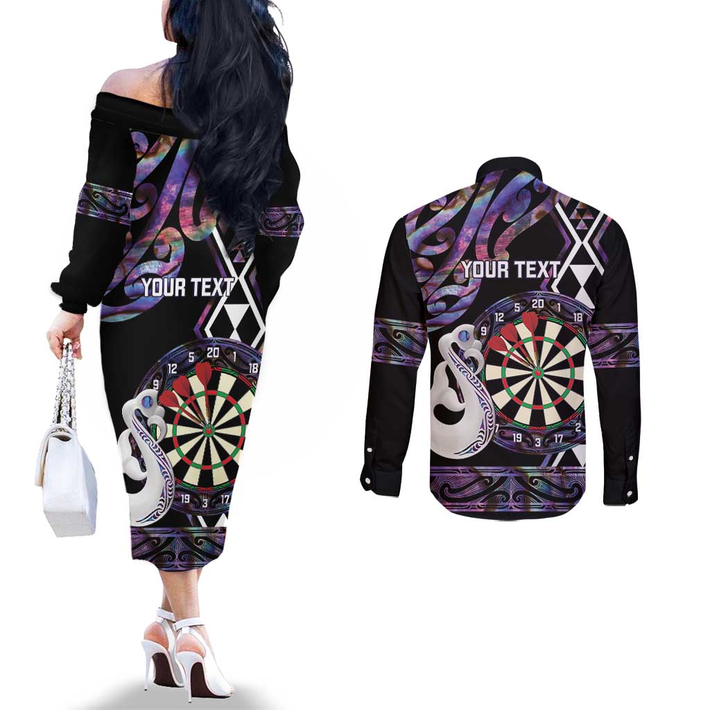 Personalised New Zealand Darts Couples Matching Off The Shoulder Long Sleeve Dress and Long Sleeve Button Shirt Ngutukaka Manaia Taniko Luxury Purple - Polynesian Pride