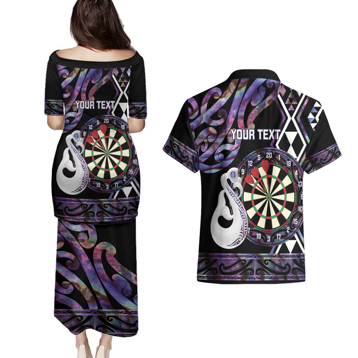 Personalised New Zealand Darts Couples Matching Puletasi and Hawaiian Shirt Ngutukaka Manaia Taniko Luxury Purple - Polynesian Pride