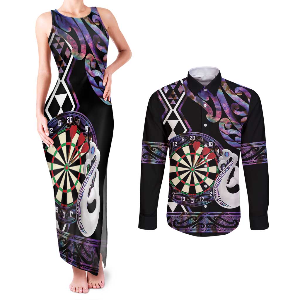 Personalised New Zealand Darts Couples Matching Tank Maxi Dress and Long Sleeve Button Shirt Ngutukaka Manaia Taniko Luxury Purple - Polynesian Pride