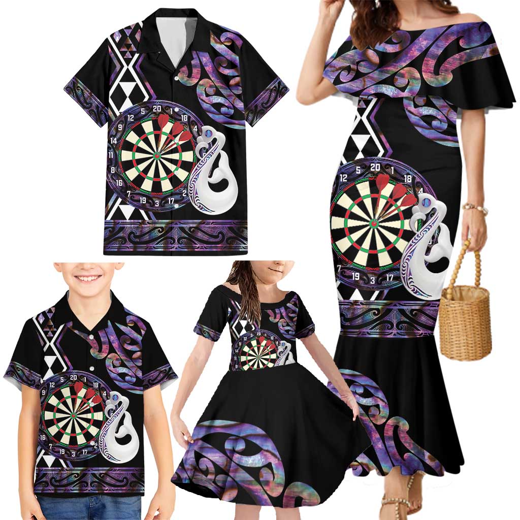 Personalised New Zealand Darts Family Matching Mermaid Dress and Hawaiian Shirt Ngutukaka Manaia Taniko Luxury Purple - Polynesian Pride