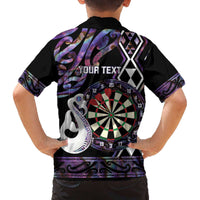 Personalised New Zealand Darts Family Matching Off The Shoulder Long Sleeve Dress and Hawaiian Shirt Ngutukaka Manaia Taniko Luxury Purple - Polynesian Pride
