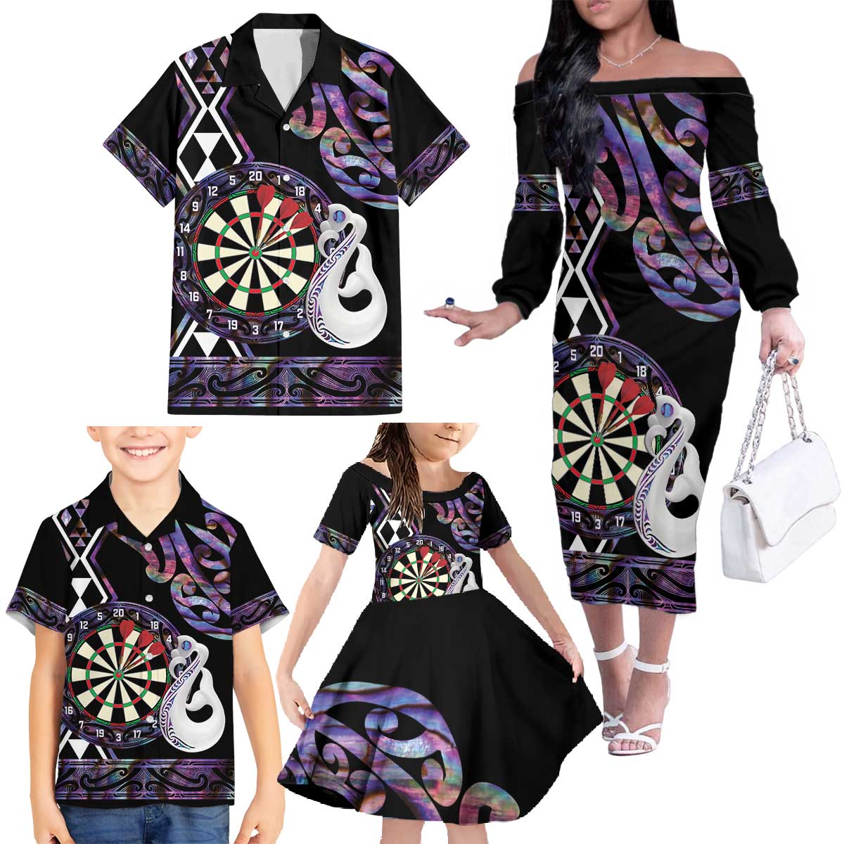 Personalised New Zealand Darts Family Matching Off The Shoulder Long Sleeve Dress and Hawaiian Shirt Ngutukaka Manaia Taniko Luxury Purple - Polynesian Pride