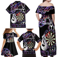 Personalised New Zealand Darts Family Matching Off Shoulder Maxi Dress and Hawaiian Shirt Ngutukaka Manaia Taniko Luxury Purple - Polynesian Pride