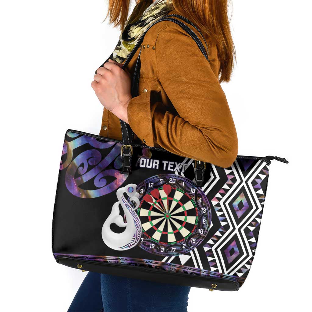 Personalised New Zealand Darts Leather Tote Bag Ngutukaka Manaia Taniko Luxury Purple - Polynesian Pride