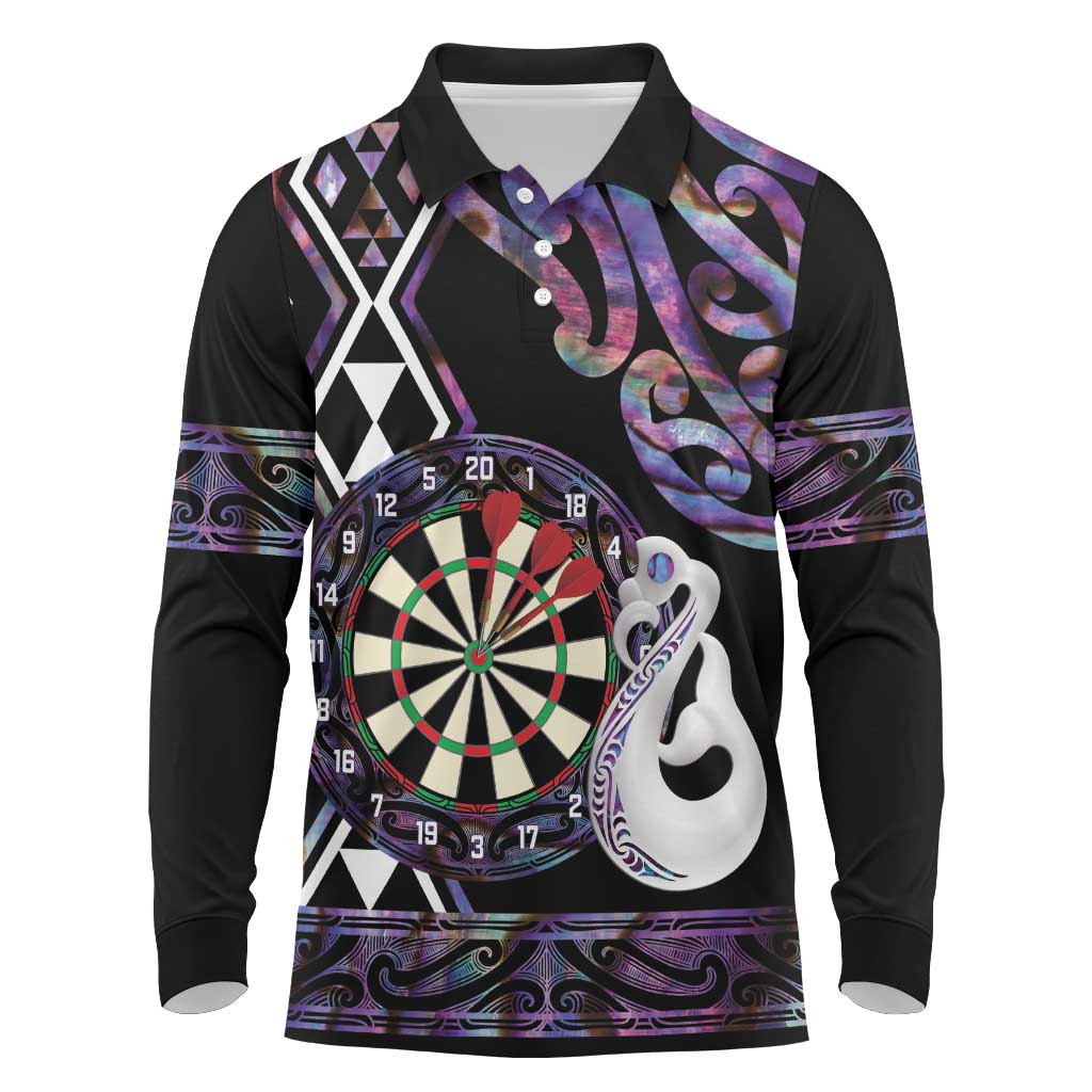 Personalised New Zealand Darts Long Sleeve Polo Shirt Ngutukaka Manaia Taniko Luxury Purple - Polynesian Pride