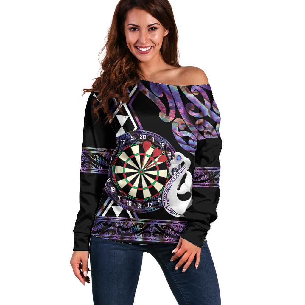 Personalised New Zealand Darts Off Shoulder Sweater Ngutukaka Manaia Taniko Luxury Purple - Polynesian Pride