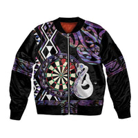Personalised New Zealand Darts Sleeve Zip Bomber Jacket Ngutukaka Manaia Taniko Luxury Purple - Polynesian Pride