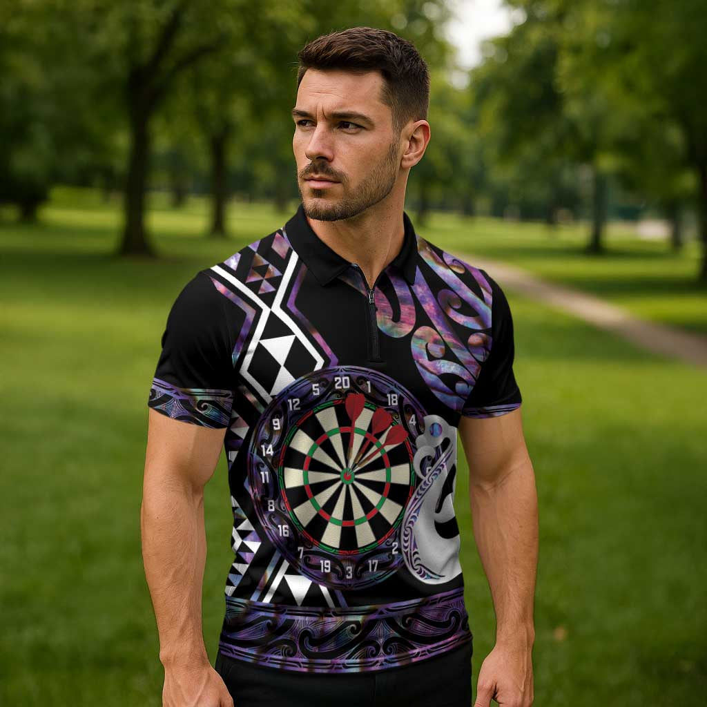 Personalised New Zealand Darts Zipper Polo Shirt Ngutukaka Manaia Taniko Luxury Purple - Polynesian Pride