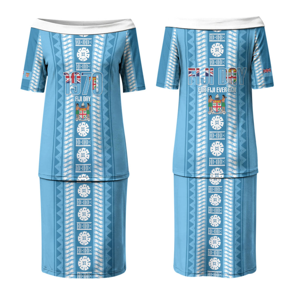 Fiji Day 1970 Couples Matching Puletasi and Long Sleeve Button Shirt For Fiji Ever Fiji Tapa Pattern Blue LT14 - Polynesian Pride