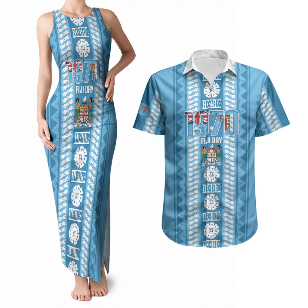 Fiji Day 1970 Couples Matching Tank Maxi Dress and Hawaiian Shirt For Fiji Ever Fiji Tapa Pattern Blue LT14 Blue - Polynesian Pride