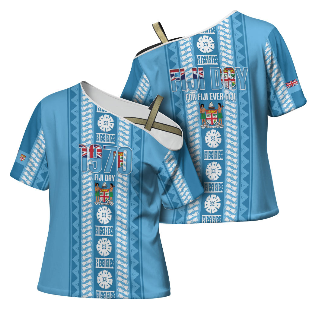 Fiji Day 1970 Cross Shoulder Shirt For Fiji Ever Fiji Tapa Pattern Blue LT14 - Polynesian Pride