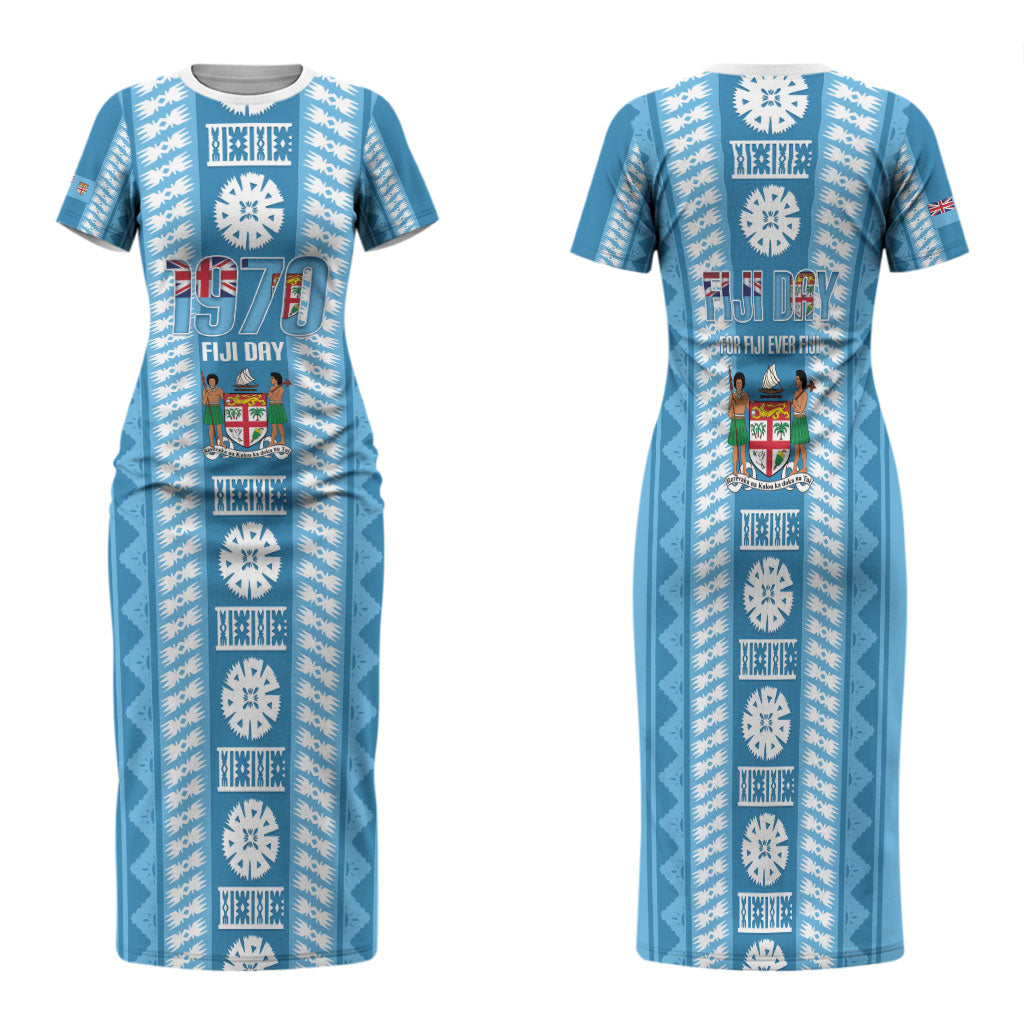 Fiji Day 1970 Family Matching Short Sleeve Bodycon Dress and Hawaiian Shirt For Fiji Ever Fiji Tapa Pattern Blue LT14 Mom's Dress Blue - Polynesian Pride