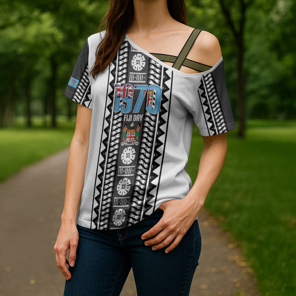 Fiji Day 1970 Cross Shoulder Shirt For Fiji Ever Fiji Tapa Pattern White LT14 - Polynesian Pride