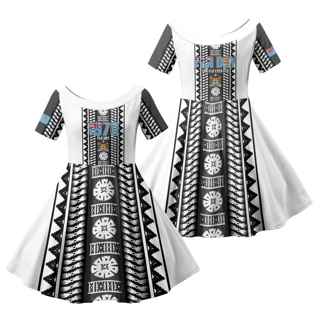 Fiji Day 1970 Family Matching Mermaid Dress and Hawaiian Shirt For Fiji Ever Fiji Tapa Pattern White LT14 Daughter's Dress White - Polynesian Pride