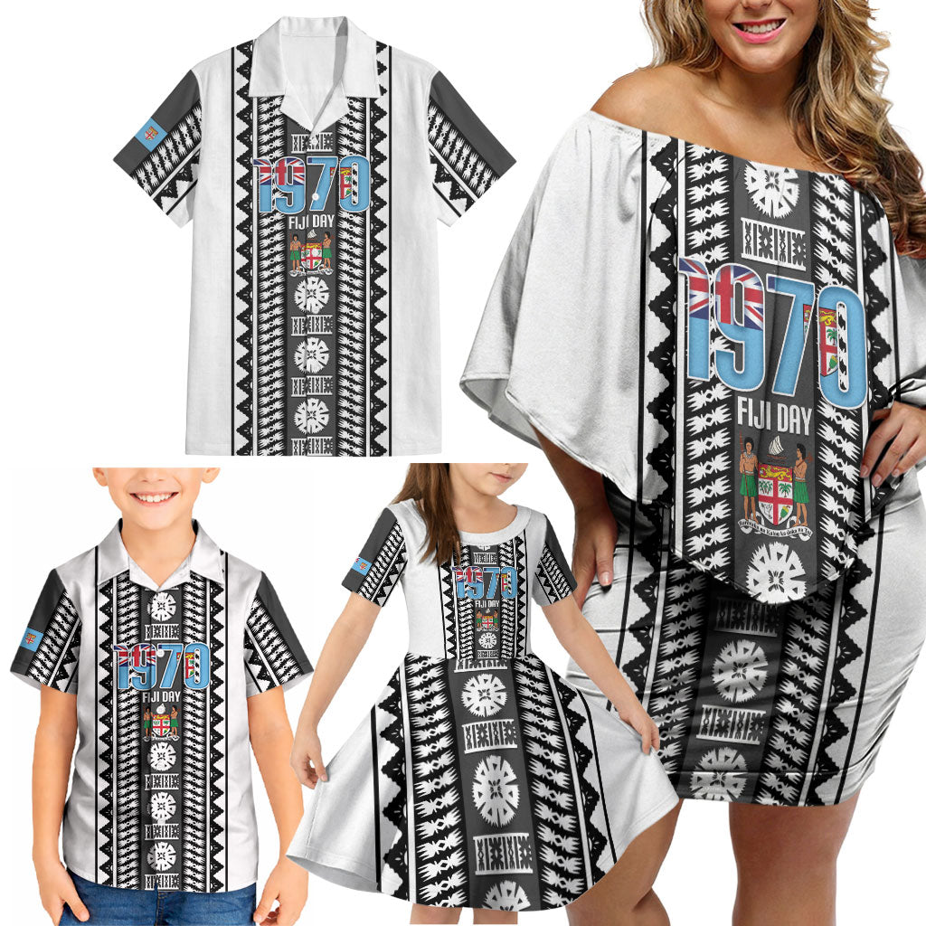 Fiji Day 1970 Family Matching Off Shoulder Short Dress and Hawaiian Shirt For Fiji Ever Fiji Tapa Pattern White LT14 - Polynesian Pride