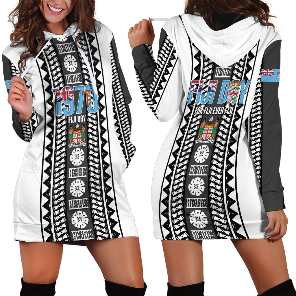 Fiji Day 1970 Hoodie Dress For Fiji Ever Fiji Tapa Pattern White LT14 - Polynesian Pride