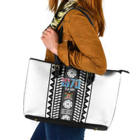Fiji Day 1970 Leather Tote Bag For Fiji Ever Fiji Tapa Pattern White LT14 White - Polynesian Pride