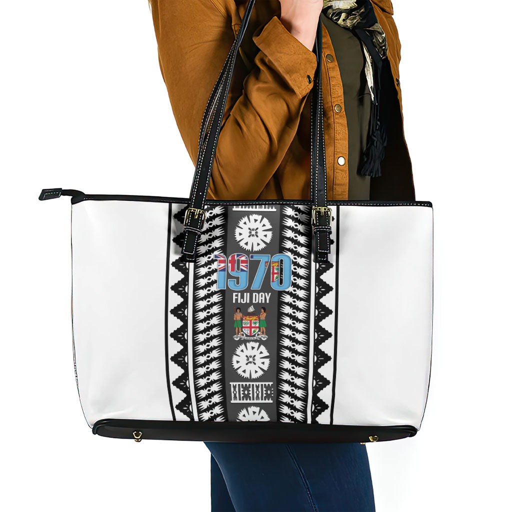 Fiji Day 1970 Leather Tote Bag For Fiji Ever Fiji Tapa Pattern White LT14 - Polynesian Pride