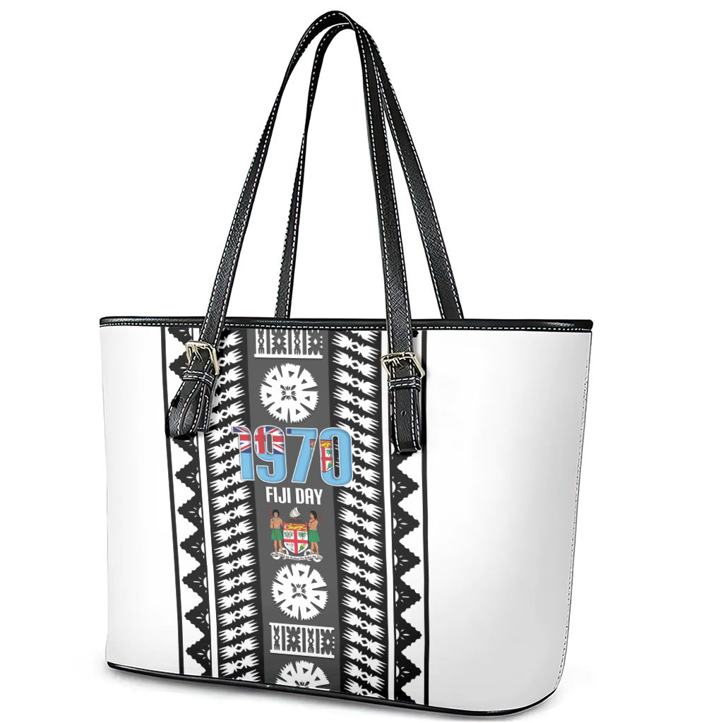 Fiji Day 1970 Leather Tote Bag For Fiji Ever Fiji Tapa Pattern White LT14 - Polynesian Pride