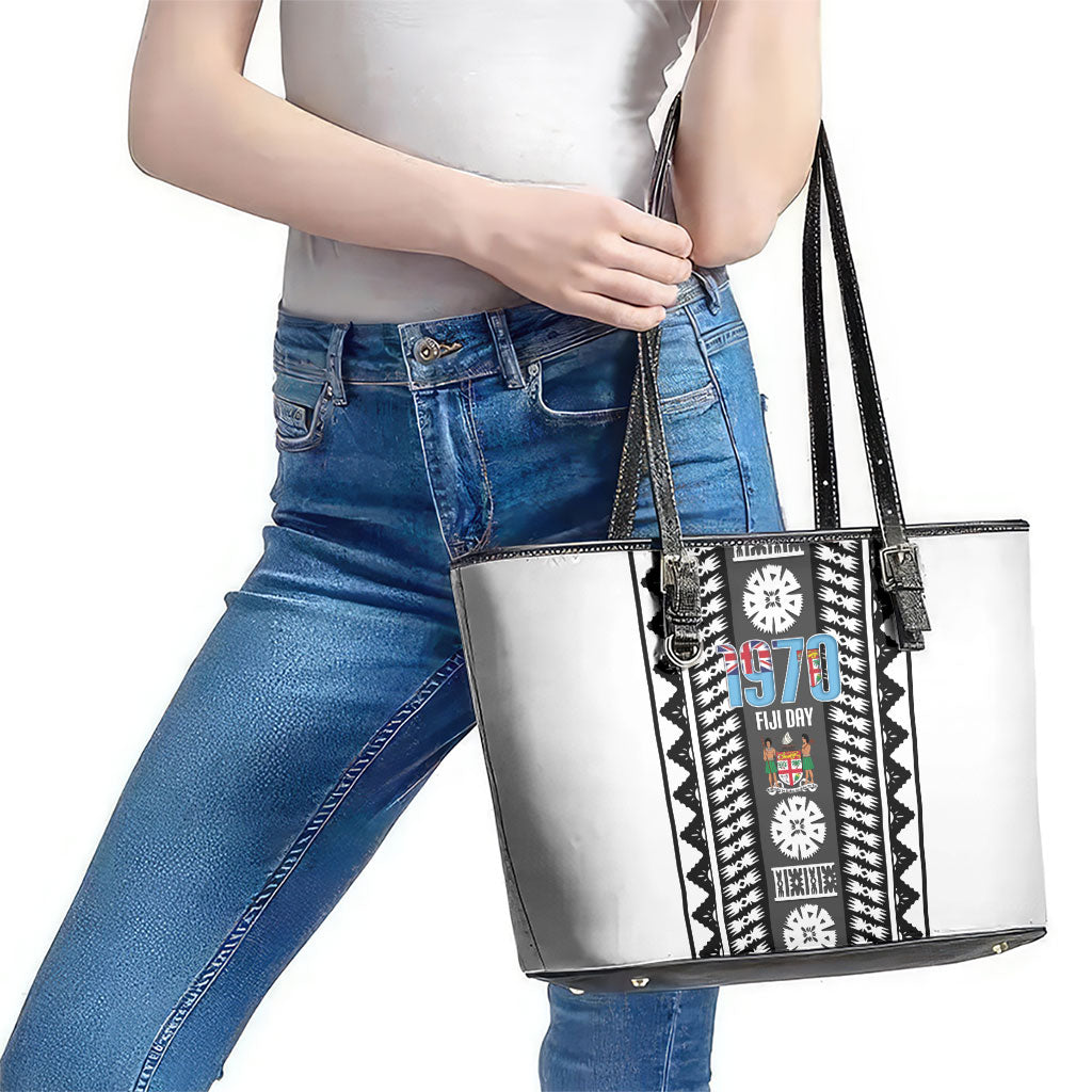 Fiji Day 1970 Leather Tote Bag For Fiji Ever Fiji Tapa Pattern White LT14 - Polynesian Pride