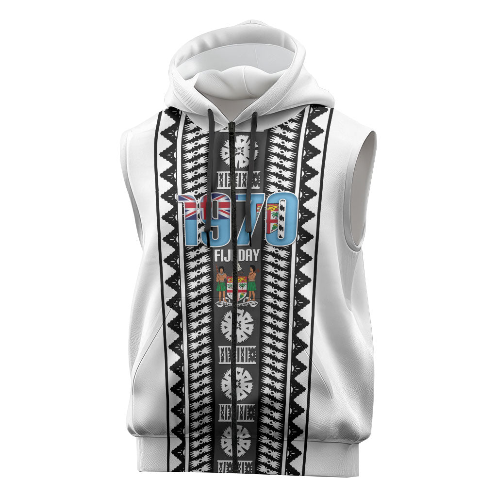 Fiji Day 1970 Sleeveless Zip Hoodie For Fiji Ever Fiji Tapa Pattern White LT14 White - Polynesian Pride