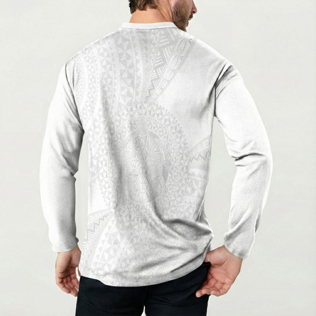 Tonga White Sunday Button Sweatshirt Fakame Tongan Ngatu Turtle LT14 - Polynesian Pride