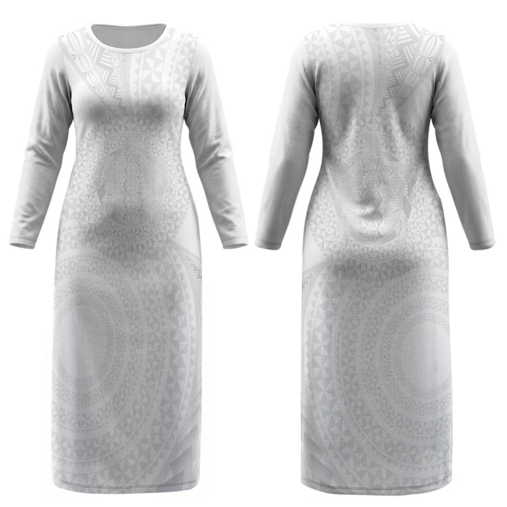 Tonga White Sunday Couples Matching Long Sleeve Bodycon Dress and Hawaiian Shirt Fakame Tongan Ngatu Turtle LT14 - Polynesian Pride