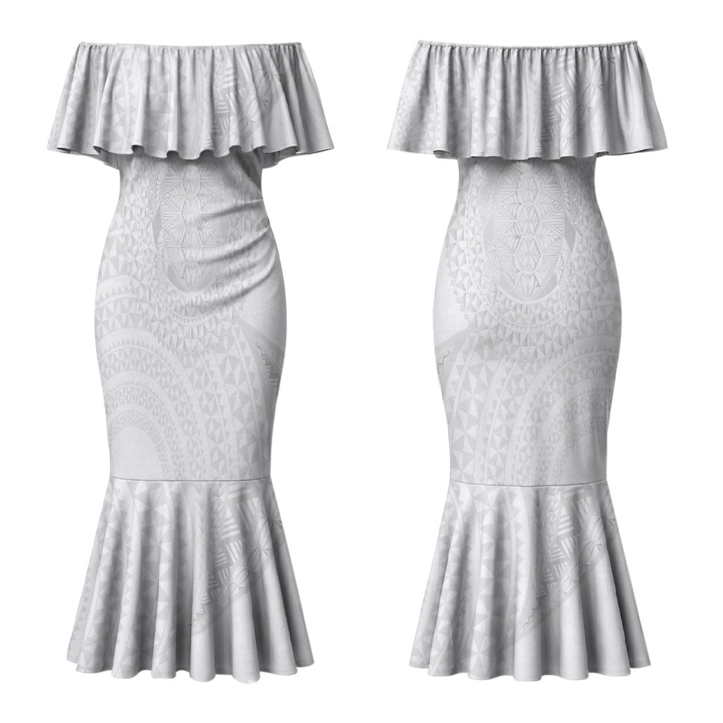 Tonga White Sunday Couples Matching Mermaid Dress and Long Sleeve Button Shirt Fakame Tongan Ngatu Turtle LT14 - Polynesian Pride