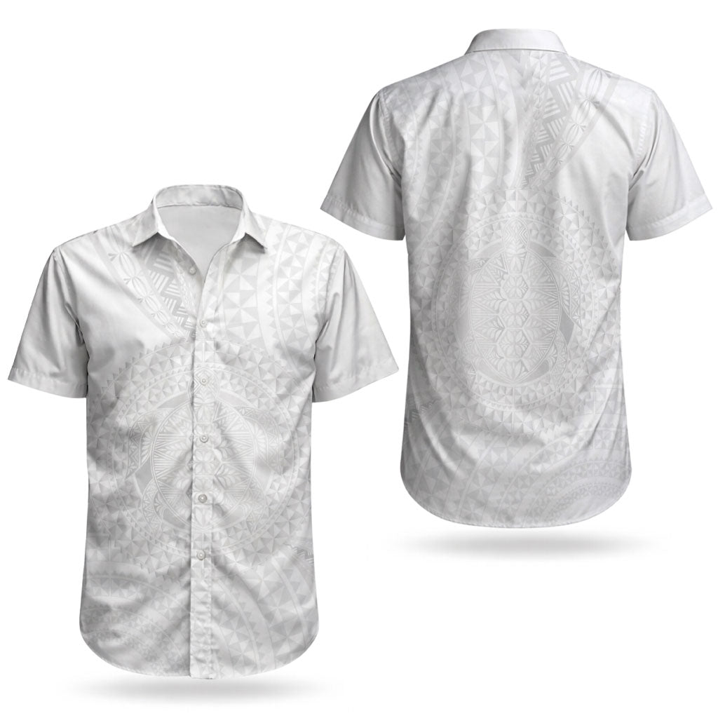 Tonga White Sunday Couples Matching Off Shoulder Short Dress and Hawaiian Shirt Fakame Tongan Ngatu Turtle LT14 - Polynesian Pride