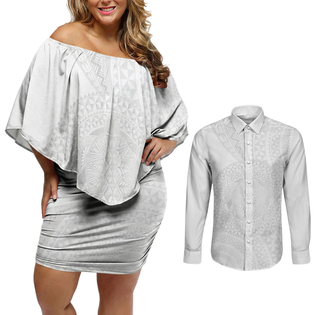 Tonga White Sunday Couples Matching Off Shoulder Short Dress and Long Sleeve Button Shirt Fakame Tongan Ngatu Turtle