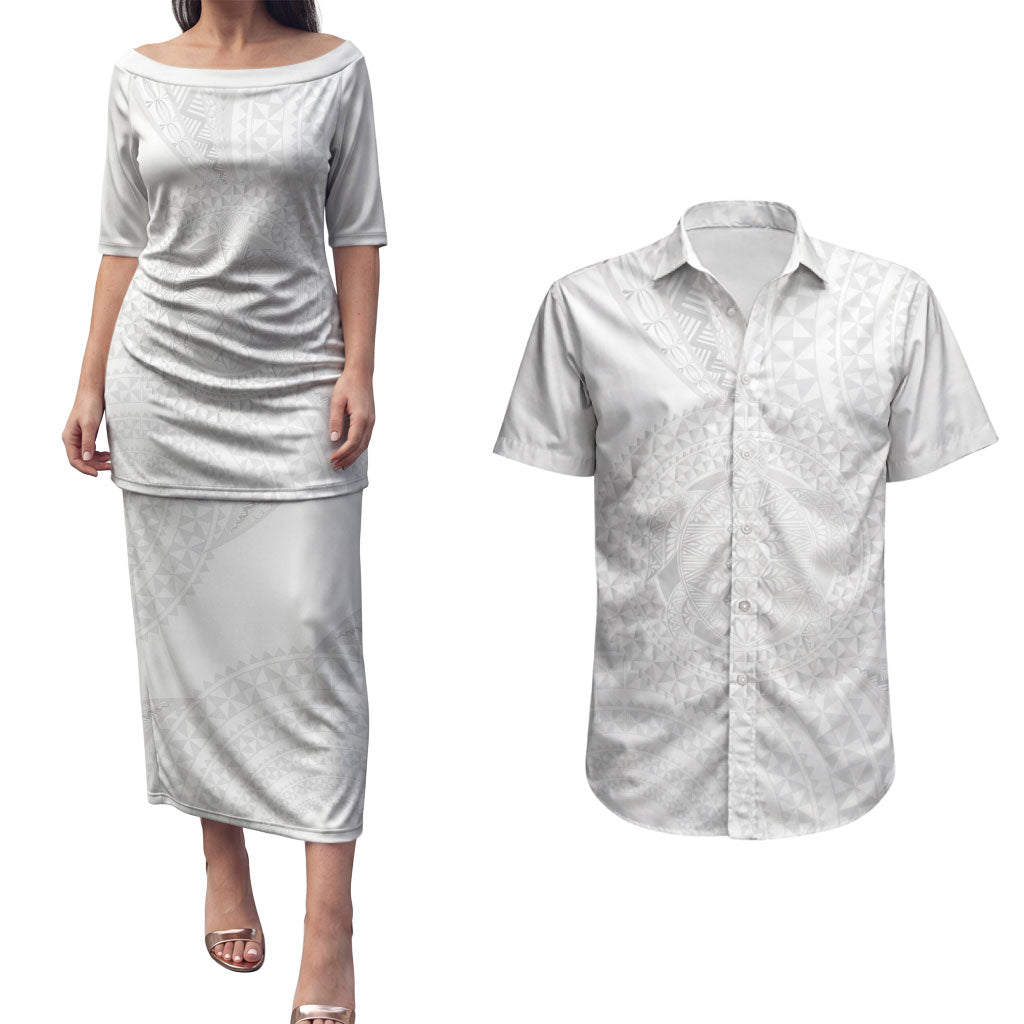 Tonga White Sunday Couples Matching Puletasi and Hawaiian Shirt Fakame Tongan Ngatu Turtle LT14 White - Polynesian Pride
